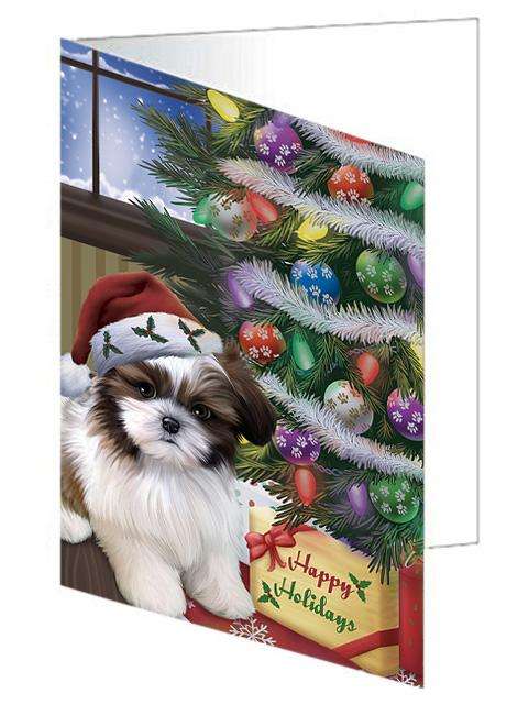 Christmas Happy Holidays Shih Tzu Dog with Tree and Presents Handmade Artwork Assorted Pets Greeting Cards and Note Cards with Envelopes for All Occasions and Holiday Seasons GCD65612
