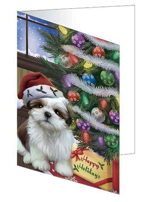 Christmas Happy Holidays Shih Tzu Dog with Tree and Presents Handmade Artwork Assorted Pets Greeting Cards and Note Cards with Envelopes for All Occasions and Holiday Seasons GCD65615