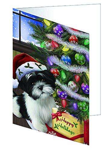 Christmas Happy Holidays Shih Tzu Dog with Tree and Presents Handmade Artwork Assorted Pets Greeting Cards and Note Cards with Envelopes for All Occasions and Holiday Seasons