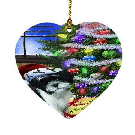 Christmas Happy Holidays Shih Tzu Dog with Tree and Presents Heart Ornament D125