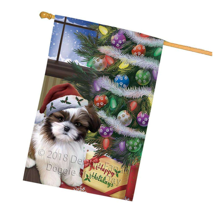 Christmas Happy Holidays Shih Tzu Dog with Tree and Presents House Flag FLG54059