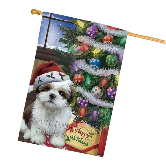 Christmas Happy Holidays Shih Tzu Dog with Tree and Presents House Flag FLG54060