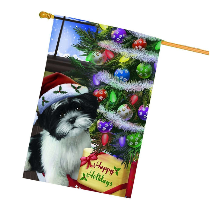Christmas Happy Holidays Shih Tzu Dog with Tree and Presents House Flag