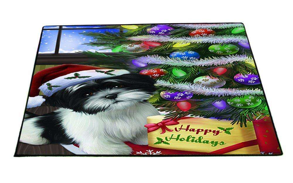 Christmas Happy Holidays Shih Tzu Dog with Tree and Presents Indoor/Outdoor Floormat