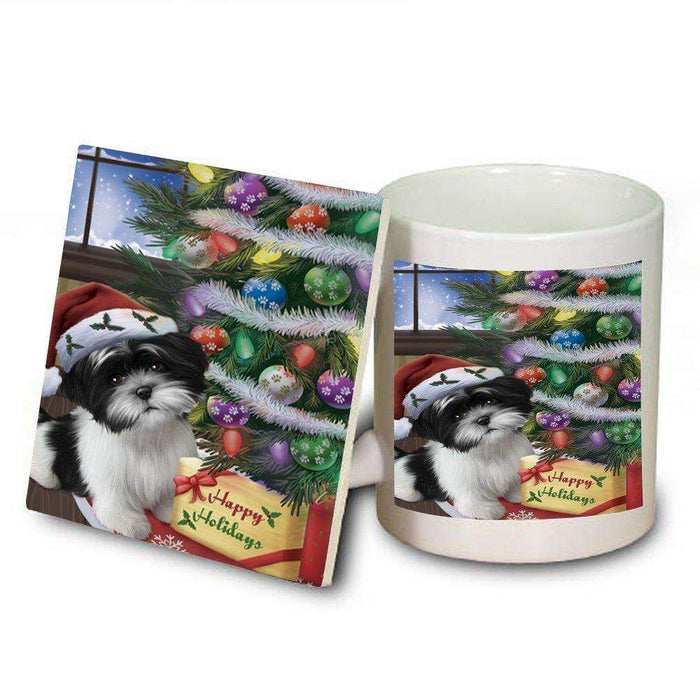 Christmas Happy Holidays Shih Tzu Dog with Tree and Presents Mug and Coaster Set MUC0017