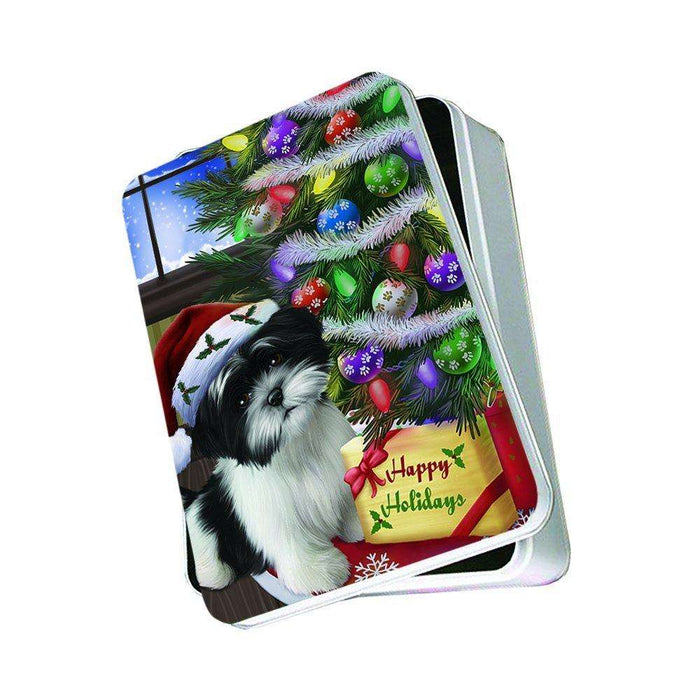 Christmas Happy Holidays Shih Tzu Dog with Tree and Presents Photo Storage Tin PTIN0017