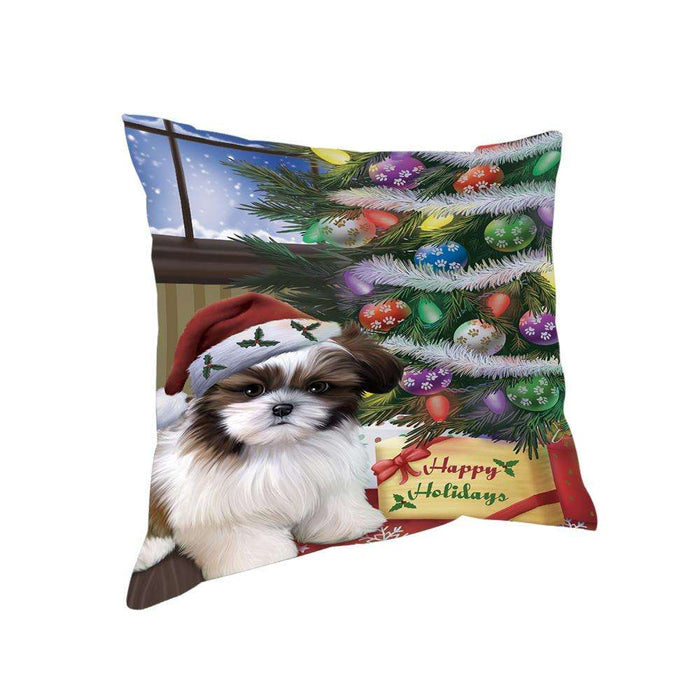 Christmas Happy Holidays Shih Tzu Dog with Tree and Presents Pillow PIL72068