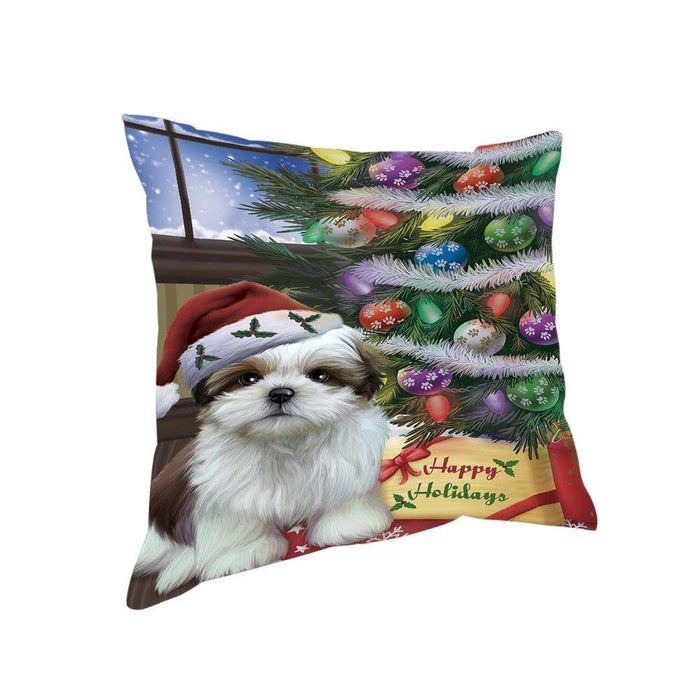 Christmas Happy Holidays Shih Tzu Dog with Tree and Presents Pillow PIL72072