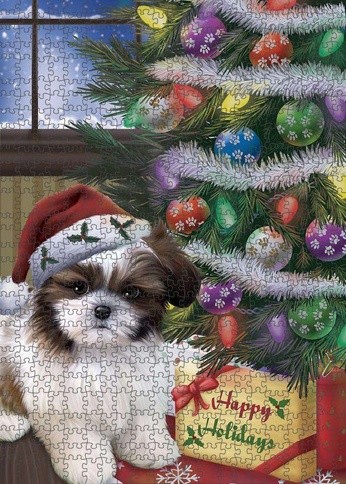 Christmas Happy Holidays Shih Tzu Dog with Tree and Presents Puzzle with Photo Tin PUZL82600