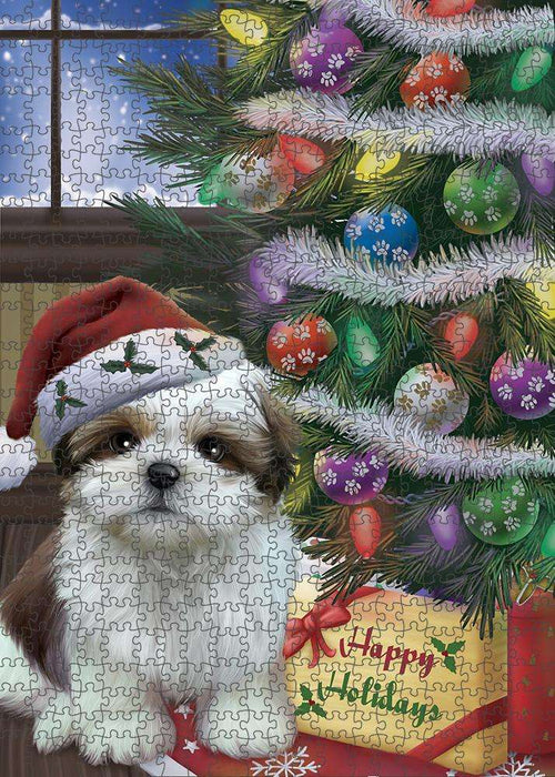 Christmas Happy Holidays Shih Tzu Dog with Tree and Presents Puzzle with Photo Tin PUZL82604