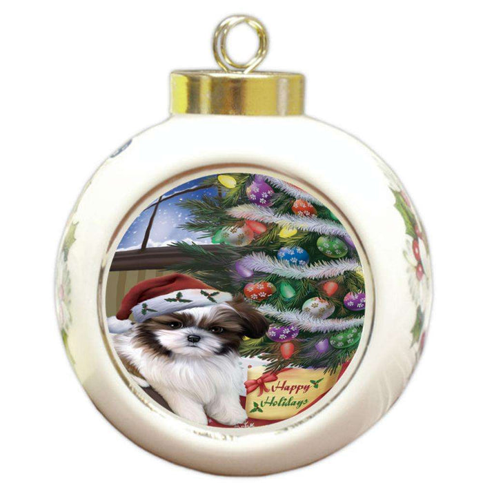 Christmas Happy Holidays Shih Tzu Dog with Tree and Presents Round Ball Christmas Ornament RBPOR53861