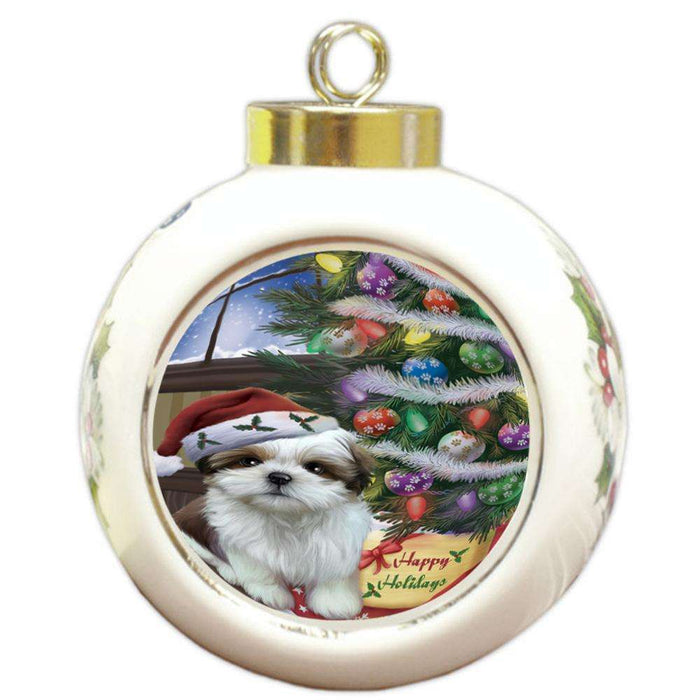 Christmas Happy Holidays Shih Tzu Dog with Tree and Presents Round Ball Christmas Ornament RBPOR53862