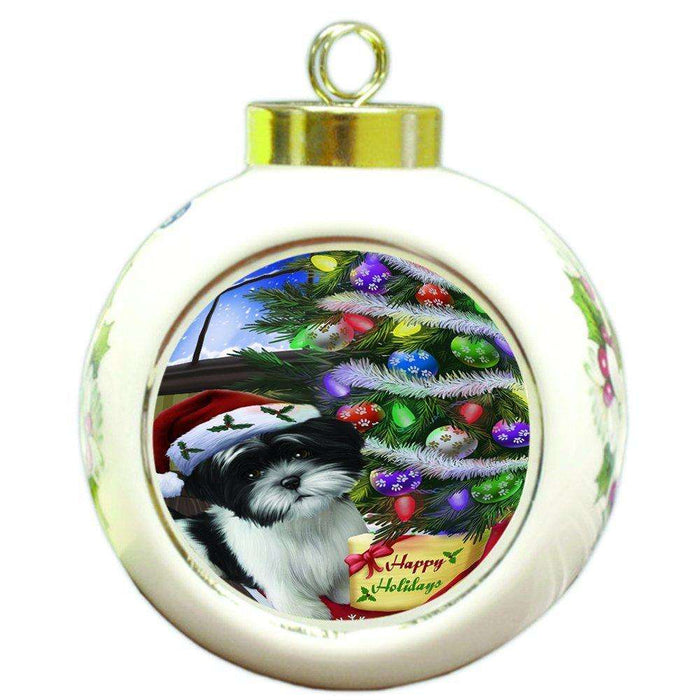 Christmas Happy Holidays Shih Tzu Dog with Tree and Presents Round Ball Ornament D125