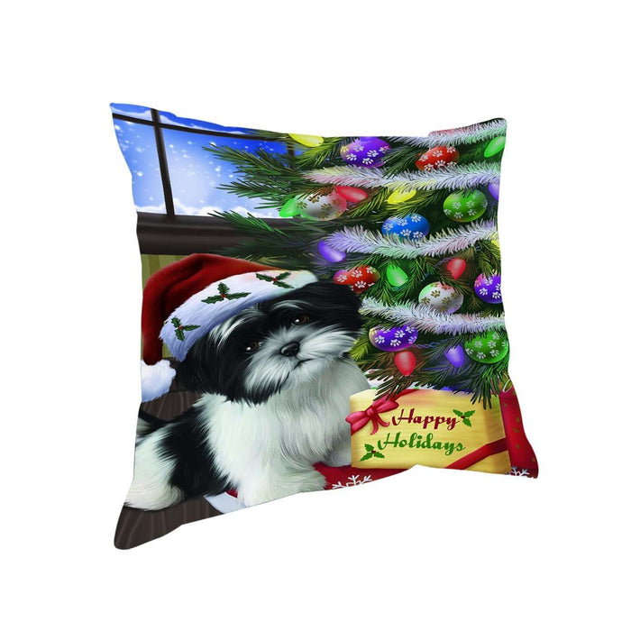 Christmas Happy Holidays Shih Tzu Dog with Tree and Presents Throw Pillow