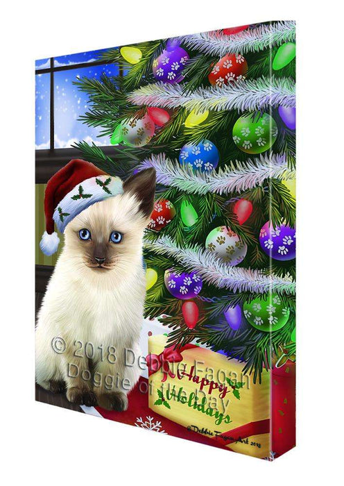 Christmas Happy Holidays Siamese Cat with Tree and Presents Canvas Print Wall Art Décor CVS99089