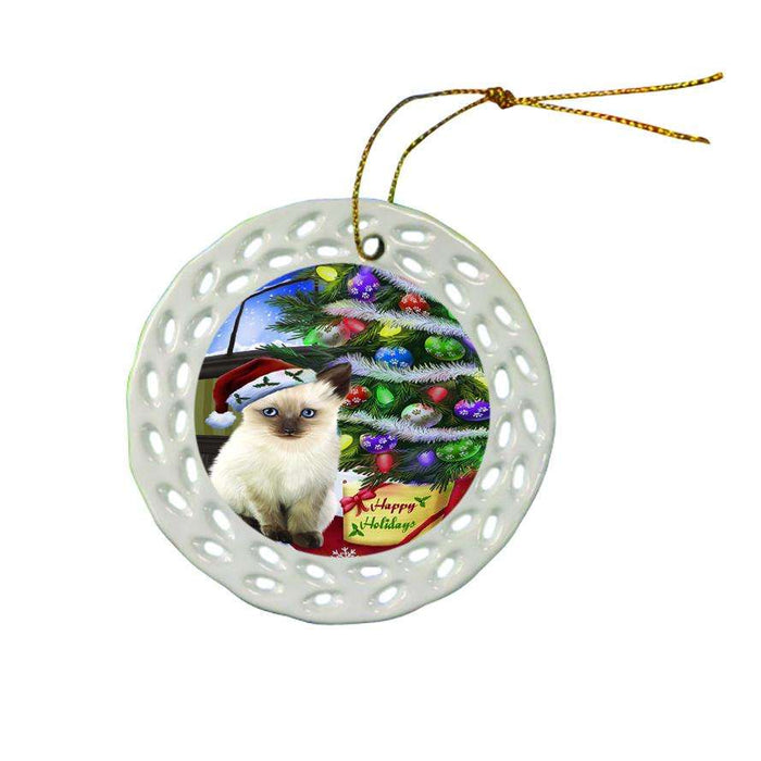 Christmas Happy Holidays Siamese Cat with Tree and Presents Ceramic Doily Ornament DPOR53471