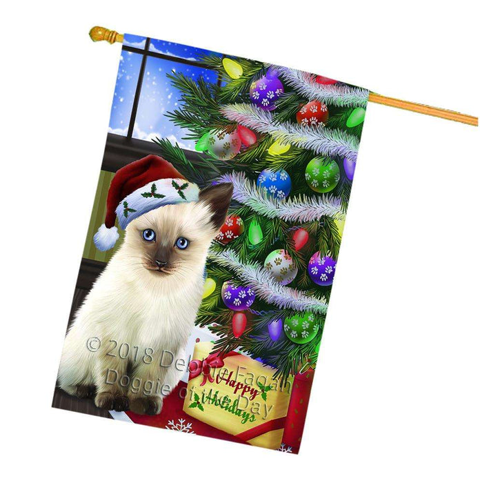 Christmas Happy Holidays Siamese Cat with Tree and Presents House Flag FLG53669