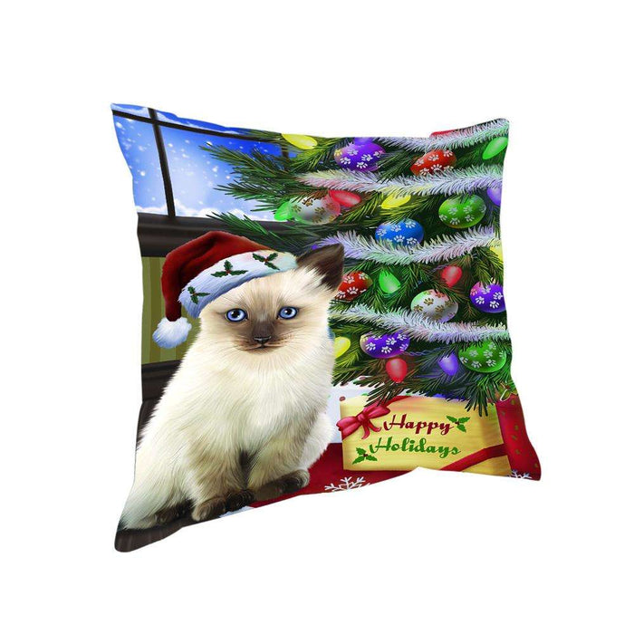Christmas Happy Holidays Siamese Cat with Tree and Presents Pillow PIL70508