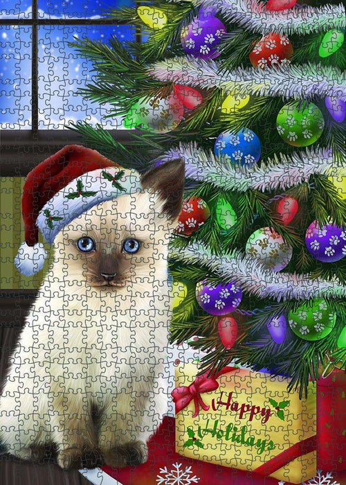 Christmas Happy Holidays Siamese Cat with Tree and Presents Puzzle with Photo Tin PUZL81040