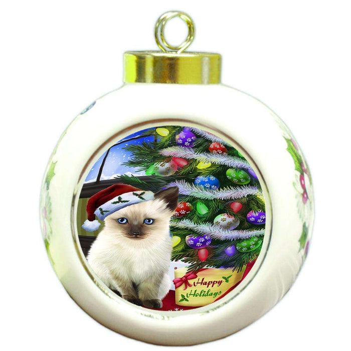 Christmas Happy Holidays Siamese Cat with Tree and Presents Round Ball Christmas Ornament RBPOR53471