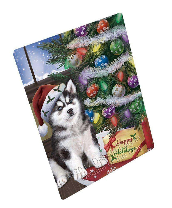 Christmas Happy Holidays Siberian Huskies Dog with Tree and Presents Art Portrait Print Woven Throw Sherpa Plush Fleece Blanket