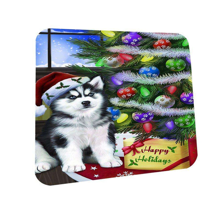 Christmas Happy Holidays Siberian Huskies Dog with Tree and Presents Coasters Set of 4