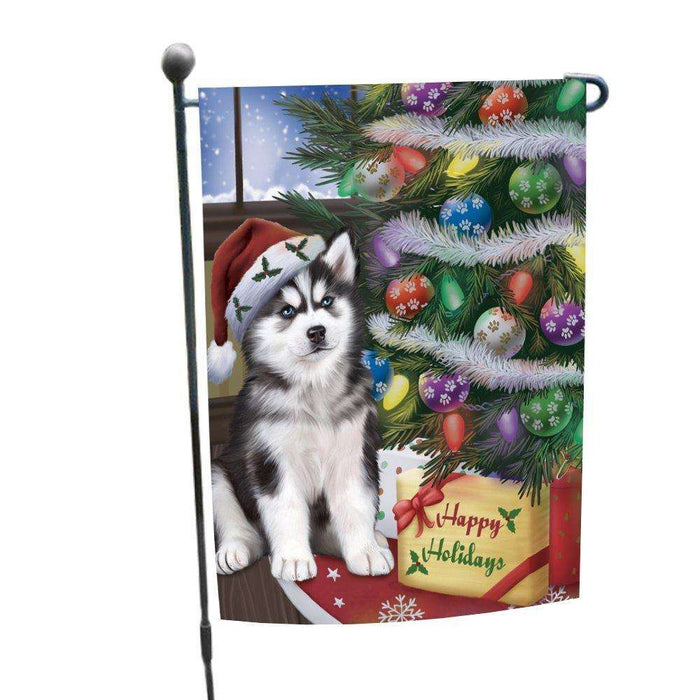 Christmas Happy Holidays Siberian Huskies Dog with Tree and Presents Garden Flag