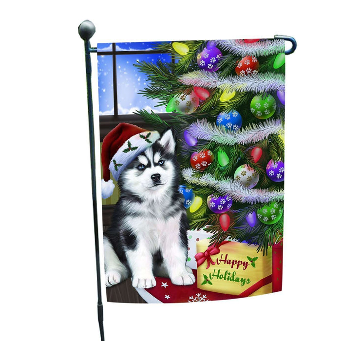 Christmas Happy Holidays Siberian Huskies Dog with Tree and Presents Garden Flag