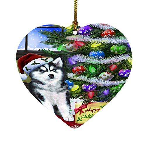 Christmas Happy Holidays Siberian Huskies Dog with Tree and Presents Heart Ornament D076
