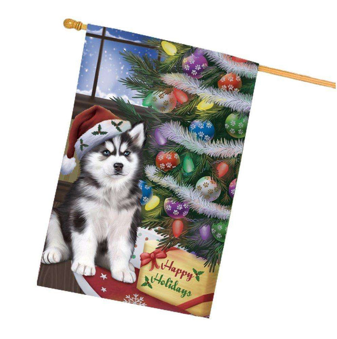 Christmas Happy Holidays Siberian Huskies Dog with Tree and Presents House Flag