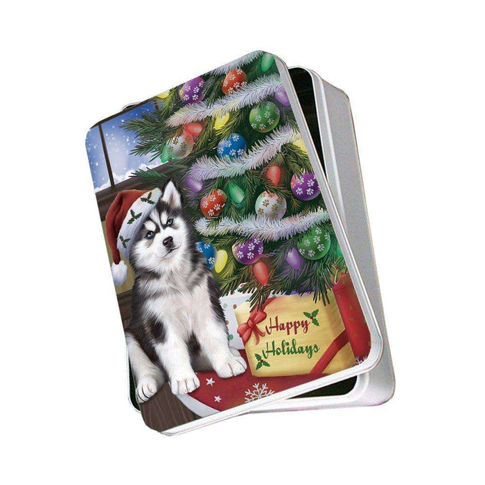 Christmas Happy Holidays Siberian Huskies Dog with Tree and Presents Photo Storage Tin
