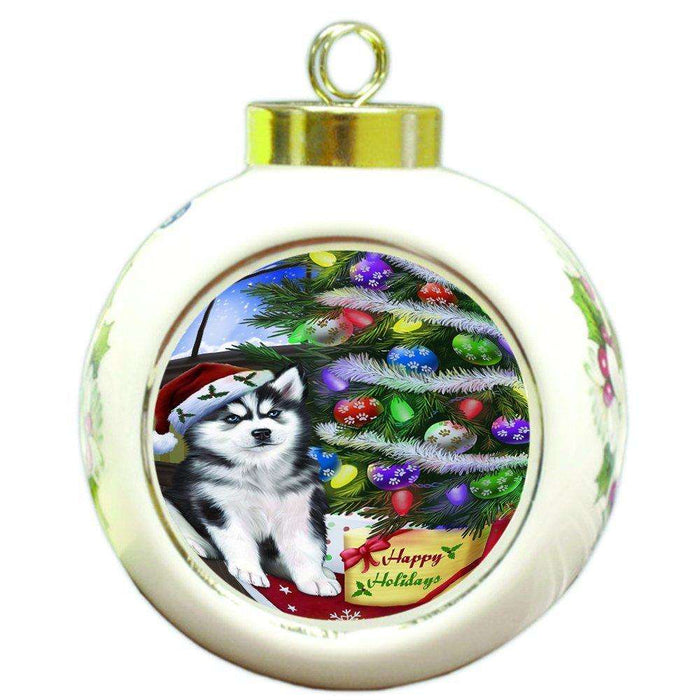 Christmas Happy Holidays Siberian Huskies Dog with Tree and Presents Round Ball Ornament D076