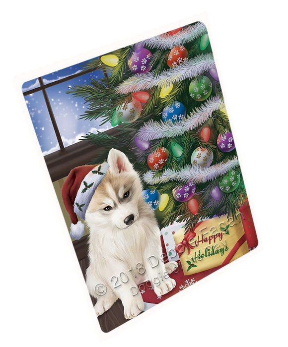 Christmas Happy Holidays Siberian Husky Dog with Tree and Presents Blanket BLNKT102108