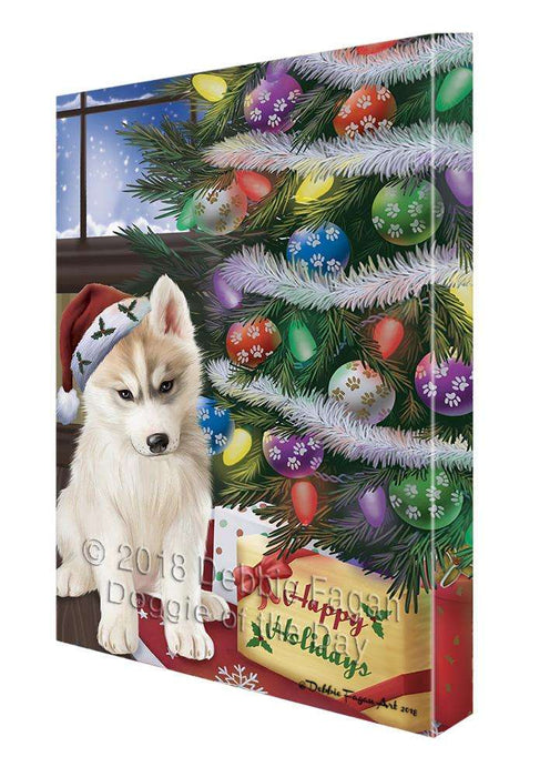 Christmas Happy Holidays Siberian Husky Dog with Tree and Presents Canvas Print Wall Art Décor CVS102617