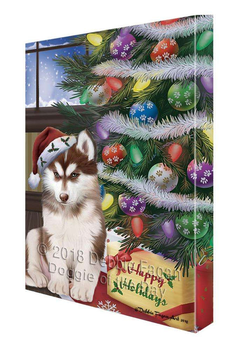 Christmas Happy Holidays Siberian Husky Dog with Tree and Presents Canvas Print Wall Art Décor CVS102626