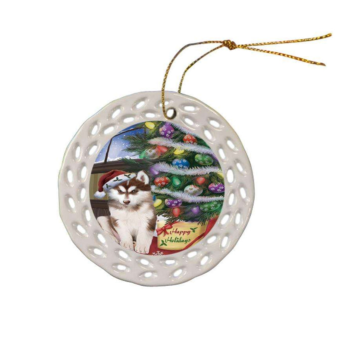 Christmas Happy Holidays Siberian Husky Dog with Tree and Presents Ceramic Doily Ornament DPOR53864