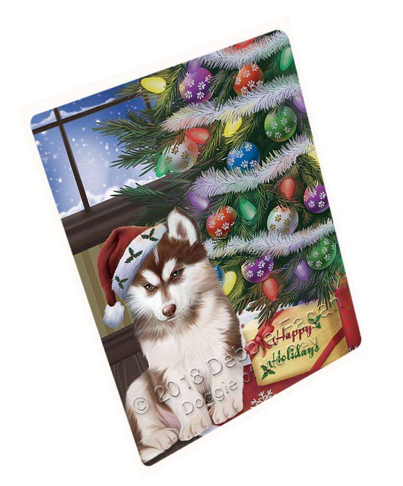 Christmas Happy Holidays Siberian Husky Dog with Tree and Presents Cutting Board C66036