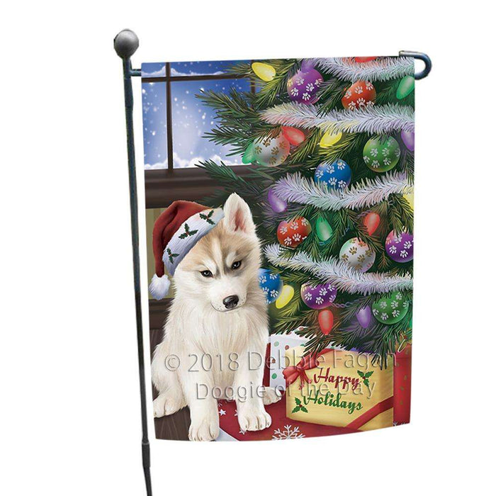 Christmas Happy Holidays Siberian Husky Dog with Tree and Presents Garden Flag GFLG53925