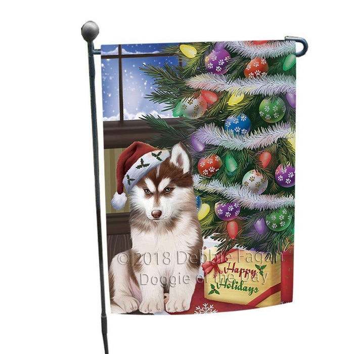 Christmas Happy Holidays Siberian Husky Dog with Tree and Presents Garden Flag GFLG53926