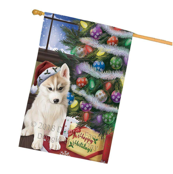 Christmas Happy Holidays Siberian Husky Dog with Tree and Presents House Flag FLG54061