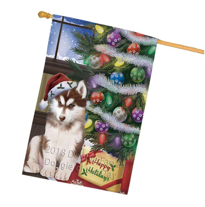 Christmas Happy Holidays Siberian Husky Dog with Tree and Presents House Flag FLG54062
