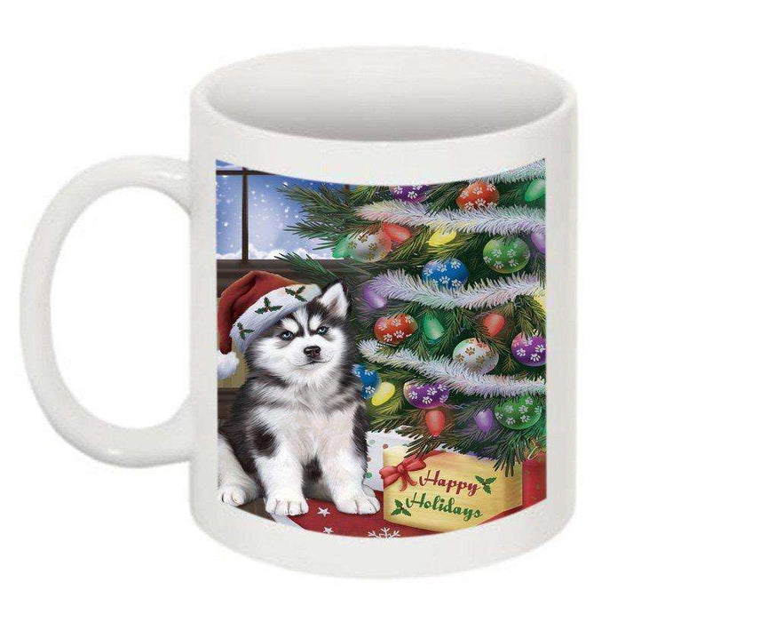 Christmas Happy Holidays Siberian Husky Dog with Tree and Presents Mug CMG0070