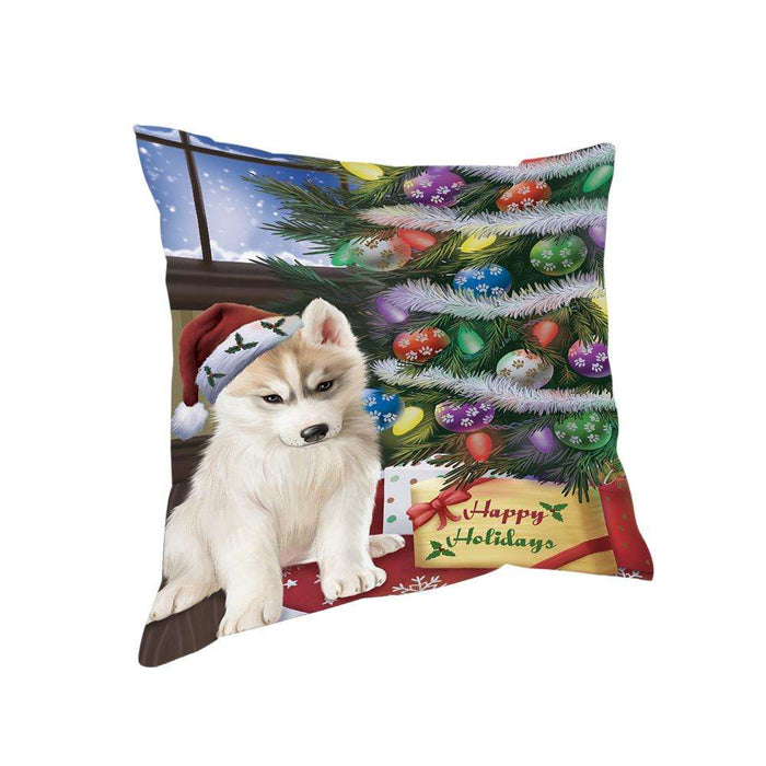 Christmas Happy Holidays Siberian Husky Dog with Tree and Presents Pillow PIL72076
