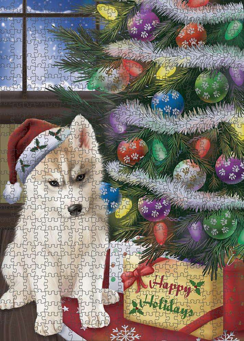 Christmas Happy Holidays Siberian Husky Dog with Tree and Presents Puzzle with Photo Tin PUZL82608
