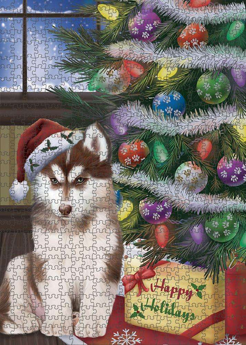 Christmas Happy Holidays Siberian Husky Dog with Tree and Presents Puzzle with Photo Tin PUZL82612