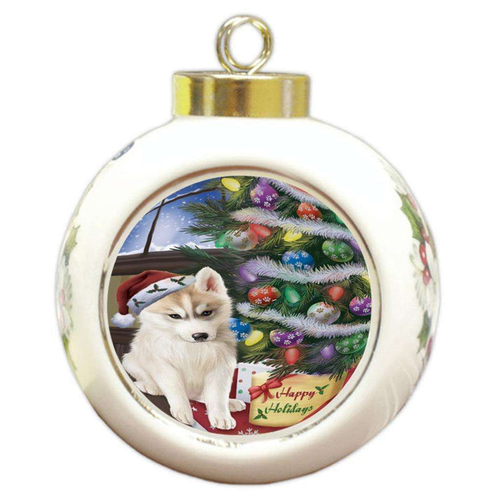 Christmas Happy Holidays Siberian Husky Dog with Tree and Presents Round Ball Christmas Ornament RBPOR53863