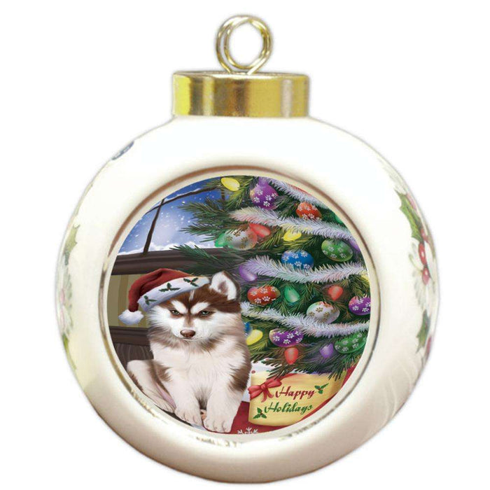 Christmas Happy Holidays Siberian Husky Dog with Tree and Presents Round Ball Christmas Ornament RBPOR53864