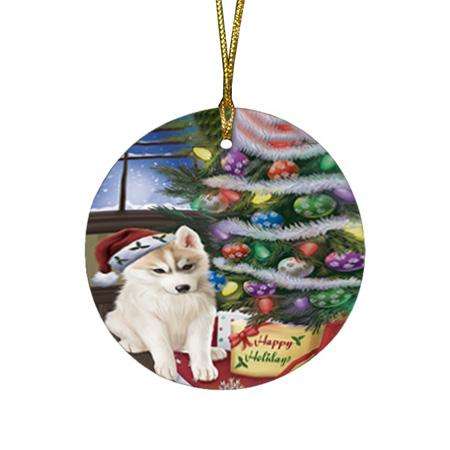 Christmas Happy Holidays Siberian Husky Dog with Tree and Presents Round Flat Christmas Ornament RFPOR53854