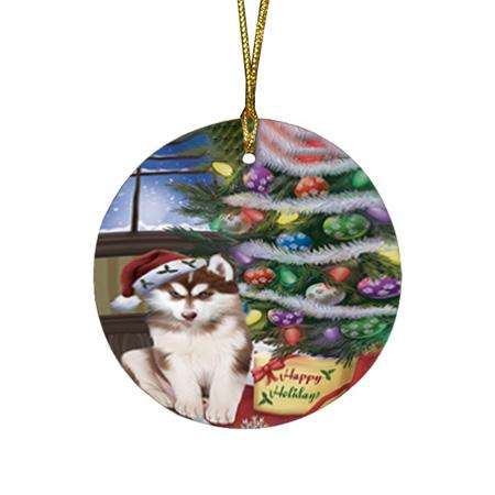 Christmas Happy Holidays Siberian Husky Dog with Tree and Presents Round Flat Christmas Ornament RFPOR53855