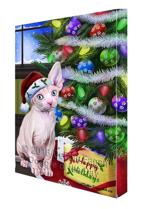 Christmas Happy Holidays Sphynx Cat with Tree and Presents Canvas Print Wall Art Décor CVS99098
